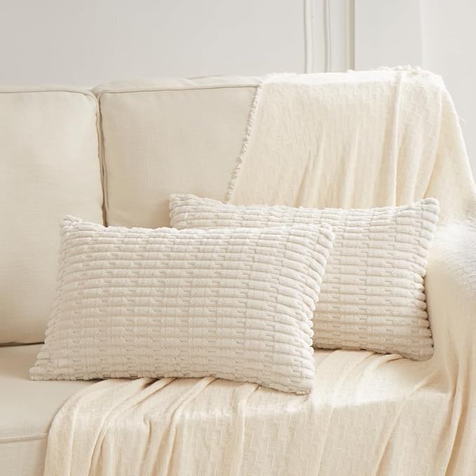 Fancy Homi 2 Packs Cream Lumbar Decorative Throw Pillow Covers 16x24 Inch for Living Room Couch Bed Sofa, Rustic Farmhouse Boho Home Decor, Soft Striped Corduroy Rectangle Cushion Case 40x60 cm