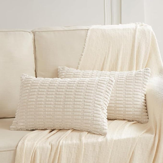 Fancy Homi 2 Packs Cream Lumbar Decorative Throw Pillow Covers 14x24 Inch for Living Room Couch Bed Sofa, Rustic Farmhouse Boho Home Decor, Soft Striped Corduroy Rectangle Cushion Case 35x60 cm