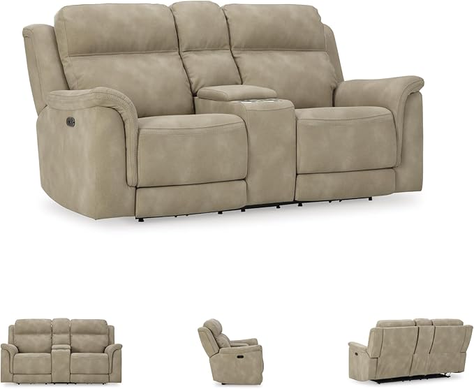 Signature Design by Ashley Next-Gen DuraPella Power Reclining Loveseat with Center Console and Adjustable Headrest, Beige