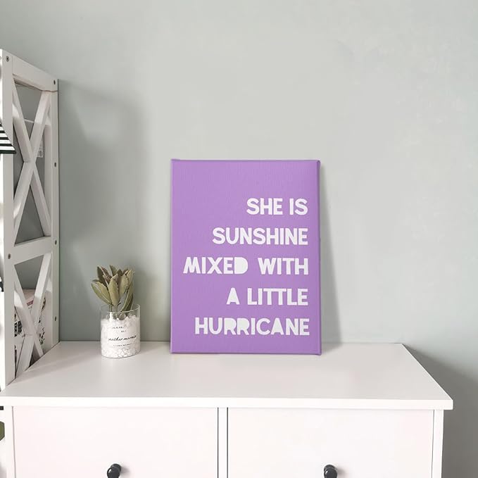 PHAMTE Girls Bedroom Wall Decor,She Is Sunshine Mixed With a Little Hurricane Girls Room Wall Art,Sunshine Print Framed Canvas Painting Artwork Girl Room Bedroom Home Nursery Playroom(11x14 Inch)（Violet）