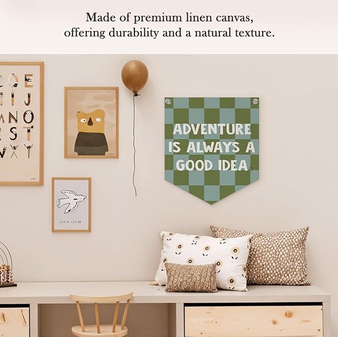 Boys Room Decor – Adventure Linen Pennant, Sage Green Canvas Triangle Flag, Wall Hanging Banner for Toddler Boy Nursery & Playroom, 14.5x12.6 in
