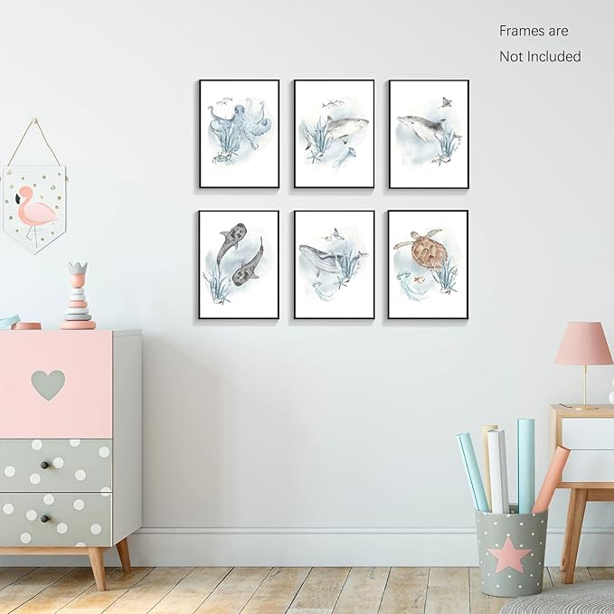 Wodkwq Nursery Wall Art Sea Animal Canvas Prints Baby Girl Boy Room Decor Watercolor Paintings Pictures Cute Ocean Theme Toddler Room Decoration Set of 6 for Kids Bedroom Bathroom 8x10in Unframed