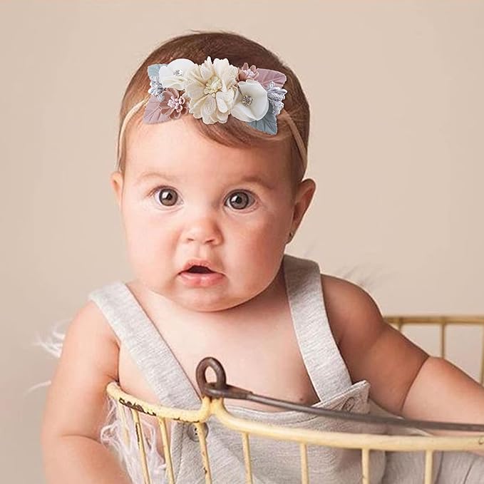 Baby Girl Floral Headbands- 3pcs Nylon Headband Handmade Flower Crown Elastic Hairband Newborn Toddler Hair Accessories Gifts for Girls （1-6 years old）