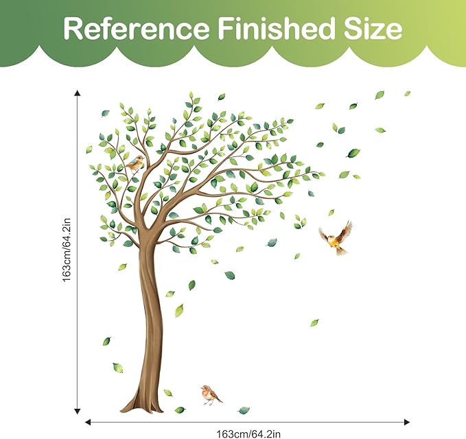 Tanlaby Large Tree Wall Stickers Green Leaves Birds Wall Decals Peel and Stick Falling Leaf Art Decor for Kids Girls Nursery Room Bedroom Living Room Kindergarten (H: 64 inch)