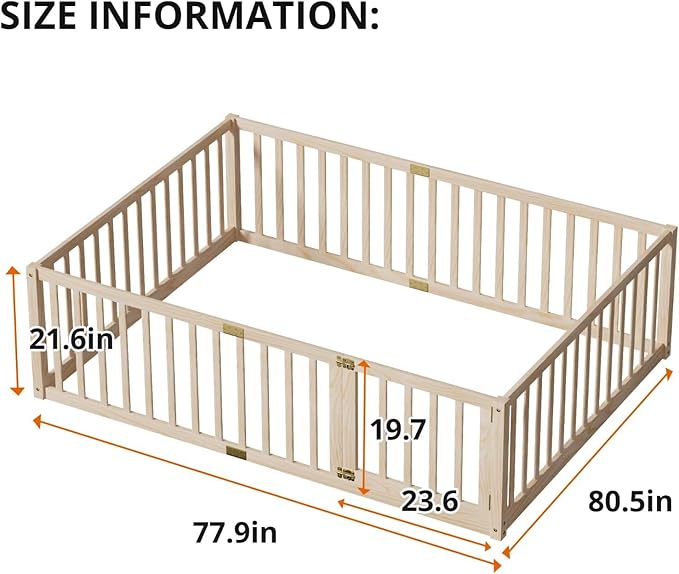 LLS Queen Size Floor Bed with 21.6" High Fence for Kids Boys Girls, Solid Wood Multifunctional Montessori Bed Frame with Door, Without Slats, Natural