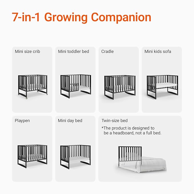 MAMAZING EvoNook 6-in-1 Convertible Mini Crib, 100% New Zealand Pinewood, 4 Adjustable Mattress Heights,GREENGUARD Gold Certified, Black with Matttress