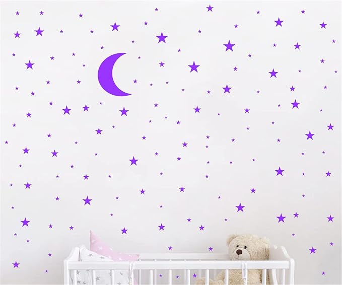 Moon and Stars Wall Decal Vinyl Sticker for Kids Boy Girls Baby Room Decoration Good Night Nursery Wall Decor Home House Bedroom Design YMX16 (Purple)
