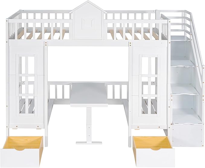 MERITLINE Twin Over Twin Castle House Loft Bed with Stairs and Storage Drawers,Solid Wood Princess Convertible Bunk Bed with Desk and Seat (White (Convertible))