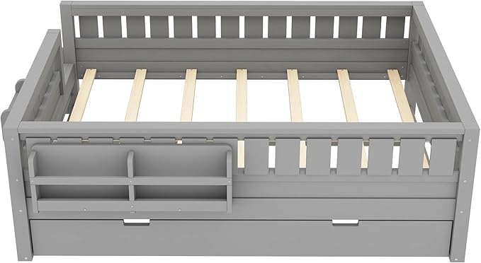 Bellemave Full Size Kids Bed with high Rails and with Built-in Bookshelf and Trundle for Kids, Girls, Boys, Wood Montessori Bed Without Door, Gray