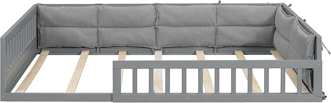 Full Size Upholstered Floor Bed with Guardrail, Montessori Platform Bed Frame for Kids and Toddlers, Wood Slat Support, No Box Spring Needed (Grey+ Solid Wood + MDF + Al)