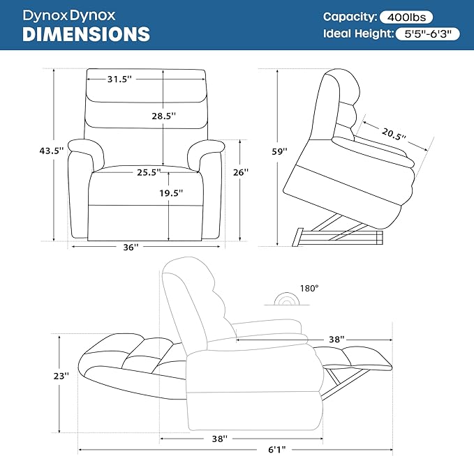 DYNOX 400 lbs Big & Tall Power Lift Recliner Chair for Elderly, Oversized Wide Dual Motor Lay Flat Infinite Positions Recliner with Heat and Massage(9298W,Chenille,Blue)