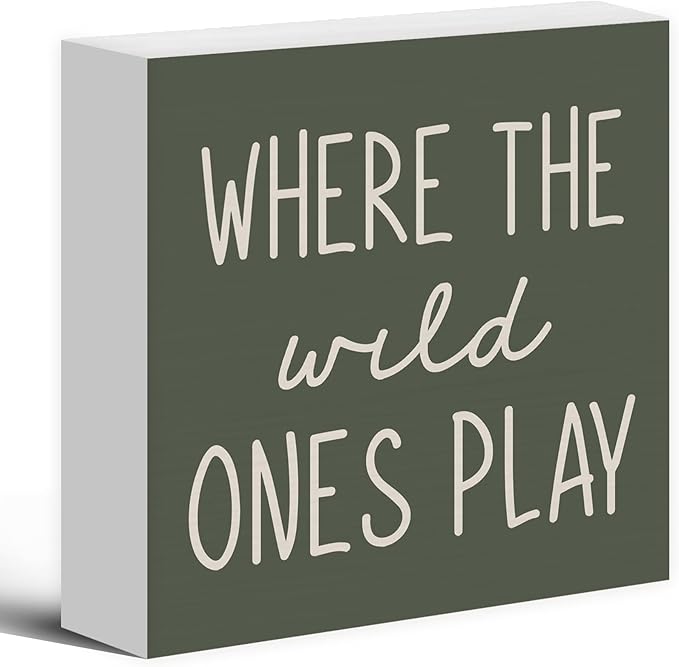 Where The Wild Ones Play Green Wood Box Sign Desk Decor 6x6, Nursery Kids Room Wooden Block Sign Decorations for Playroom Toddler Boys Girls Room Wall Tabletop Shelf Decor