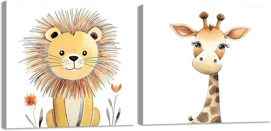 Baby Animal Framed Canvas Wall Art Set of 2 - Cute Baby Lion Giraffe Paintings Posters Woodland Animals Pictures Prints for Kids Room Bedroom Decor(Artwork-03, 16"x16"x2P)