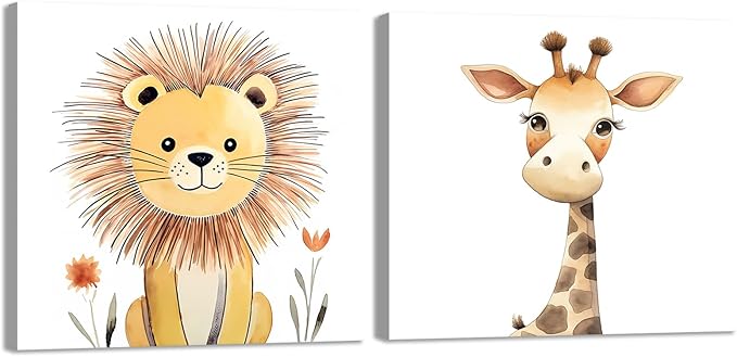 Baby Animal Framed Canvas Wall Art Set of 2 - Cute Baby Lion Giraffe Paintings Posters Woodland Animals Pictures Prints for Kids Room Bedroom Decor(Artwork-03, 12"x12"x2P)