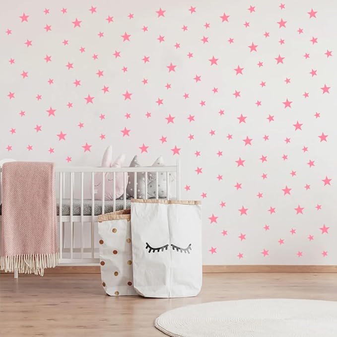 Wall Decals Baby Pink Stars for Kids Room, 3-4-5centimeter Mix 112 Pcs, Easy to Peel Easy to Stick, Safe On Walls and Paint, Vinyl Decor by Bugybagy. (Matte Baby Pink)