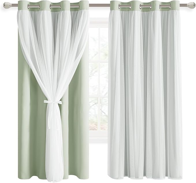 DWCN Layered Curtains for Living Room Blackout and Sheer Curtains with Tiebacks Grommet Top Window Treatments with Sheer Overlay for Bedroom, 52 W by 63 L, Seafoam, 2 Pieces