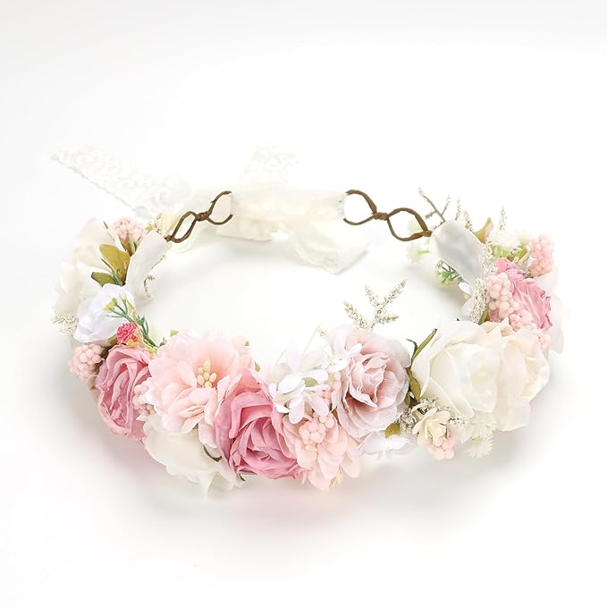 White Blush Pink Flower Crown for Girls Children Floral Headpiece Pink Kids Headband Wedding Holo Hair Accessories Birthday Photo Prop