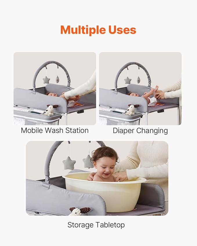 VEVOR Baby Changing Table, Foldable Diaper Change Station with 2 Fabric Drawers, Side Basket and Hanging Rod, Adjustable Height Changing Table with Lockable Wheels and 2 Star Toys, Light Gray