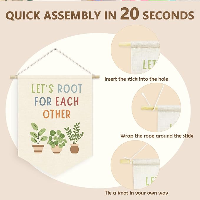 Boho Plant Greenery Classroom Decor, Let's Root for Each Other Linen Canvas Banner for Classroom Playroom Homeschool Decor, Motivational Plant Wall Hanging Pennant Flag Banner, 15x11in