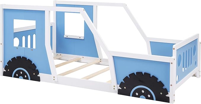Twin Size Classic Car-Shaped Platform Bed Frame for Boys Girls Kids Toddler with Wheels,Blue