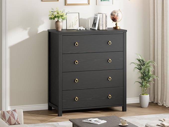 IDEALHOUSE Dresser for Bedroom, Chest of Dressers 37" Tall Dresser for Closet with 4 Drawers Chest with Clothes Storage Cabinet, Drawer Organizer for Bedroom, Living Room, Closet, Hallway, Black