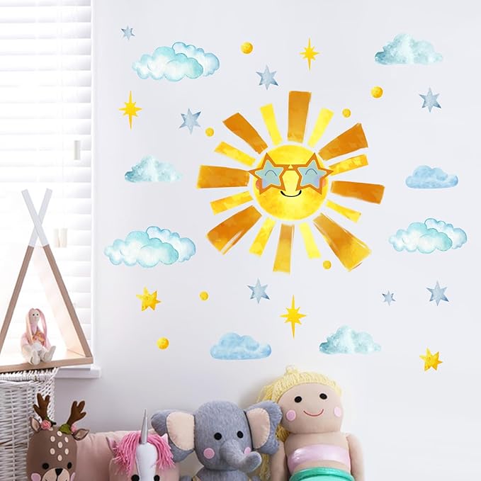 Mfault Sun Sunshine Wall Decals Stickers, Cute Watercolor Cloud Stars Nursery Decorations Kids Bedroom Art, Neutral Toddlers Room Playroom Decor