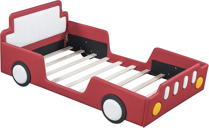 Twin Size Race Car-Shaped Platform Bed with Wheels, Unique Design Floor Bed with PU Leather Headboard and Safety Guardrails, Wood Slat Support for Kids,Boys,Girls (Red-100A)