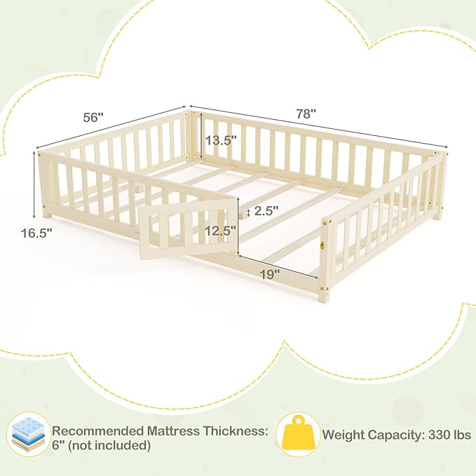 KOMFOTT Full Size Wood Floor Bed with Door & Fence, Montessori Bed Frame with Full Length Safety Guardrails, Slats Support, Door & Latch, Wooden Montessori Floor Bed, No Box Spring Needed