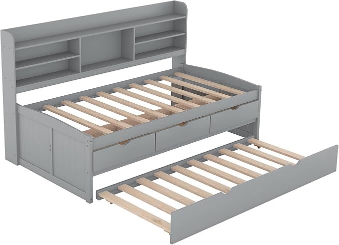 Harper & Bright Designs Twin Size Captain Bed with Built-in Bookshelves/3 Storage Drawers/Trundle, Wooden Twin Daybed Bed Frame for Kids Teens Dorm Bedroom Multipurpose Guest Room, Light Grey