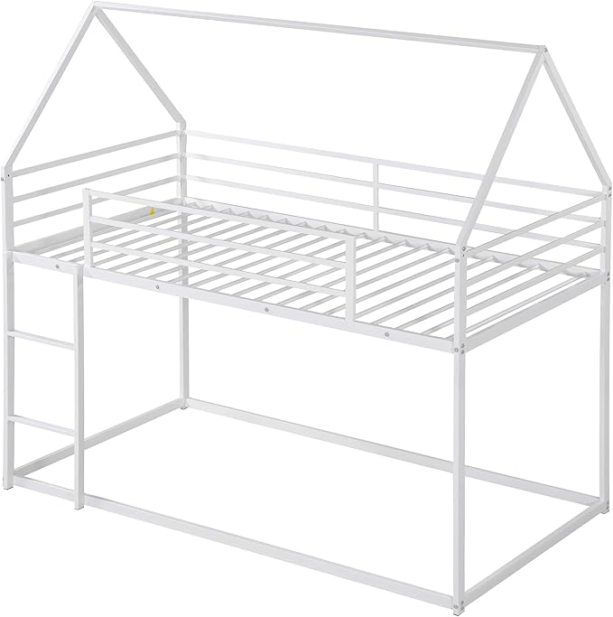 MERITLINE Metal Bunk Bed Twin Over Twin Size House Shaped Bunk Bed Frame Low Bunk Beds for Kids and Toddlers, Twin Size