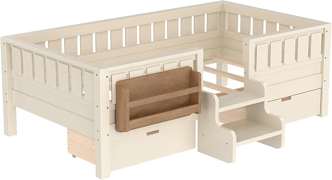 Bellemave Twin Bed with Slats and Stairs, Twin Size Platform Bed Frame with Fence, Bookshelf and Storage Drawers, Easy Assemble Beds for Kids, Girls, Boys, Beige