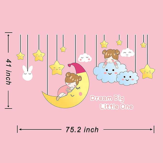 3D Stars Moon Wall Stickers for Girls Room Decor Wall Decals Peel and Stick for Girls Bedroom Large Pink Princess Pictures Kids Murals Wallpaper Art Inspirational Decor for Nursery Toddler