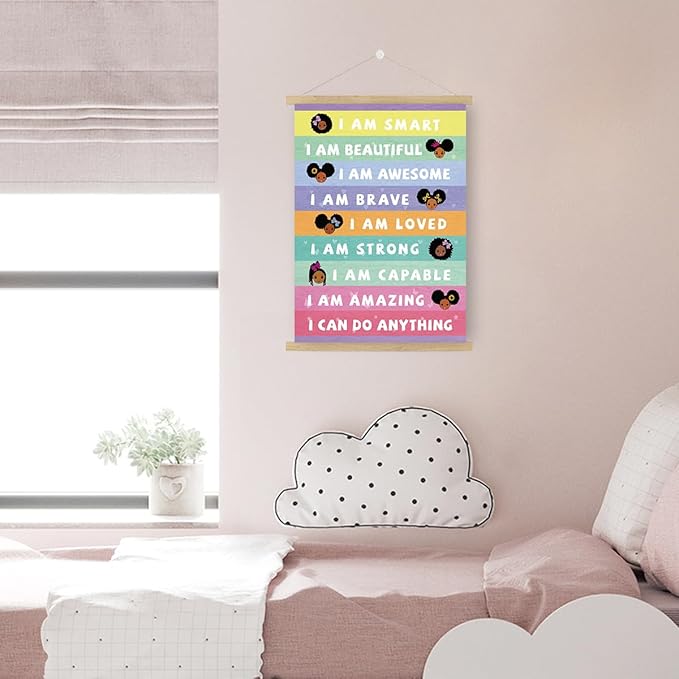 Qswo Positive Affirmations Wall Decor for Girls,I Am Smart Black Girl Wall Art Poster Hanger Frame,Inspirational Hanging Canvas Wall Decor for Girls Room Dorm Nursery