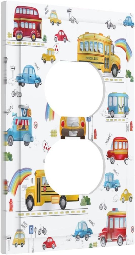 Kids Bus Taxi Truck 1 Gang Single Duplex Light Switch Plate Outlet Cover Decorative Wall Plate Switchplate Electrical Faceplate for Nursery Kidsroom Bedroom Decor