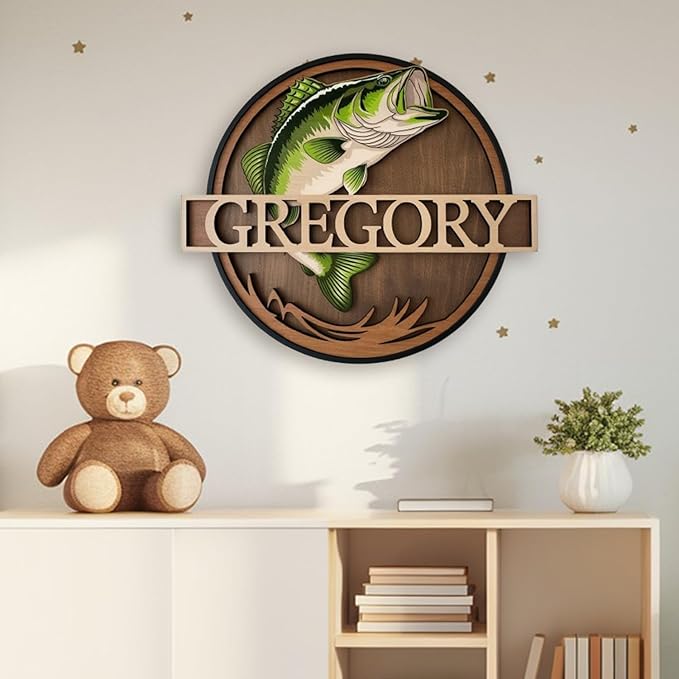 Personalized Nursery Sign, Fishing Wooden Sign with Name, Hello World Newborn Sign, Salmon Sign for Kid Room Decor, Baby Gifts for Boy, Custom Baby Name Sign, Baby Boys Wall Art Bedroom