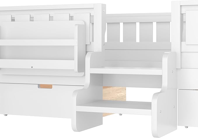 Bellemave Twin Size Kids Bed with high Rails and with Built-in Bookshelf and Drawers for Kids, Girls, Boys, Wood Montessori Bed Without Door, White