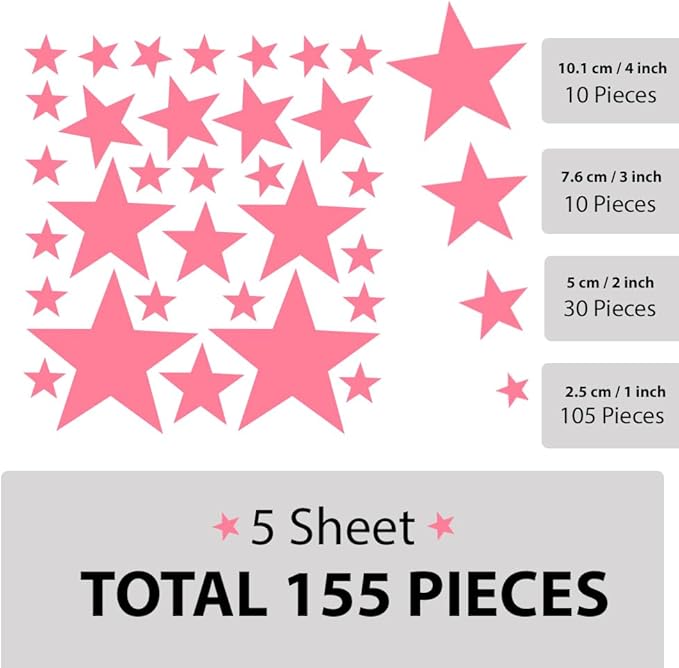 Peel and Stick Baby Pink Star Wall Decals – 155 pcs, Reusable & Removable for Easy Room Decor, Perfect for Kids' Bedrooms and Nurseries