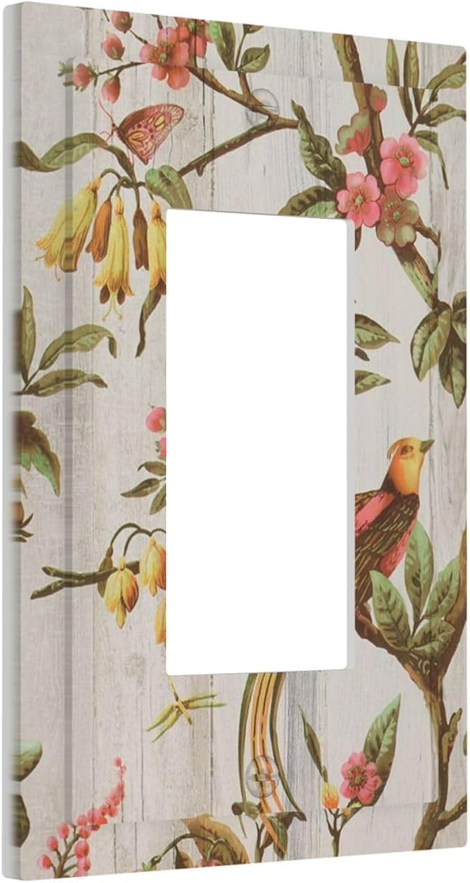 Flowers Bird Tree Retro Spring Floral Branch 1 Gang Light Switch Cover Single Rocker/Gfci Device Decorative Wall Plate Standard Size Receptacle Oriental Chinese Landscape Drawn Outlet Cover Plates