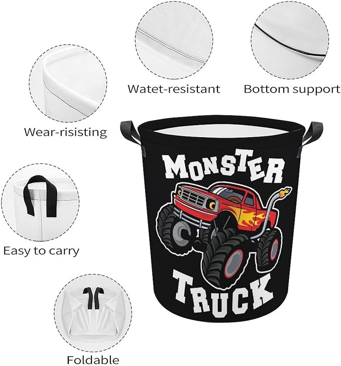 Cartoon Monster Truck Laundry Basket Monster Truck Room Decor for Boys Hamper Clothes Toys Storage Bin Kids Bedroom Bathroom