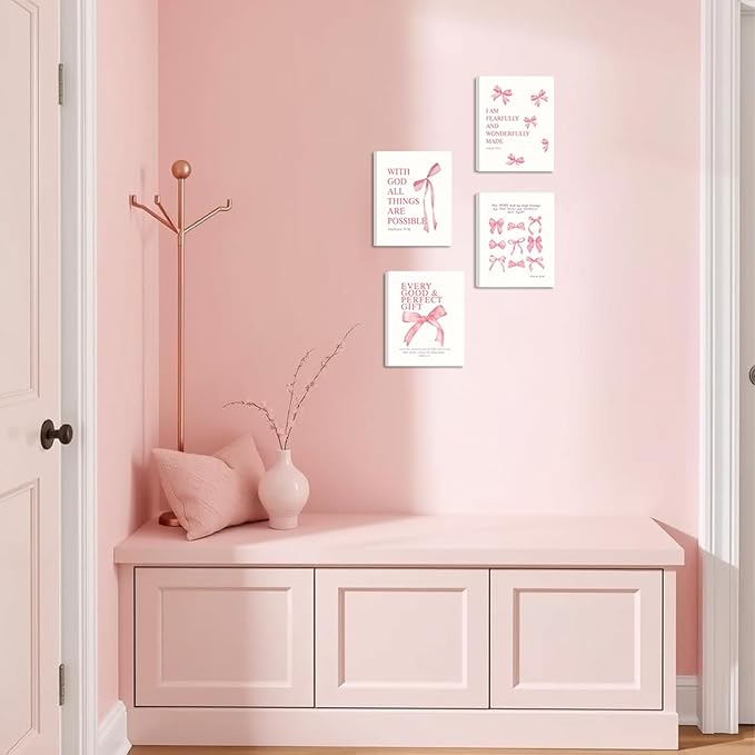 Coquette Pink Bow Y2K Bible Verse Wall Art Set of 4, Christian Scripture Inspirational Canvas Prints, Cute Girly Preppy Aesthetic Religious Wall Decor for Bedroom Nursery Living Room Home 8x10In Framed