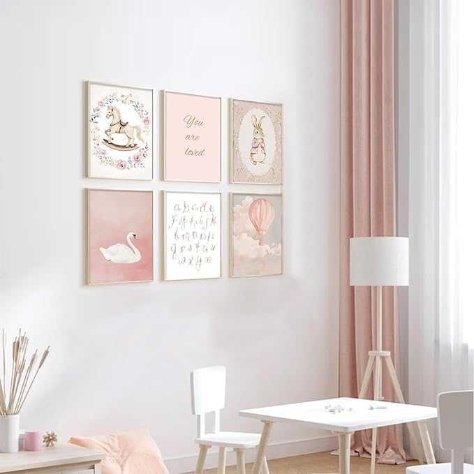 Uniro Pink Nursery Wall Decor Art Prints, Vintage Baby Girl Nursery Room Decor, Cute Baby Girl Room Decor Swan Bunny Hot Air Balloons Alphabets Canvas Painting, Antique Nursery Poster for Little Girl's Bedroom, Kids Room Decor-8x10inch|Unframed