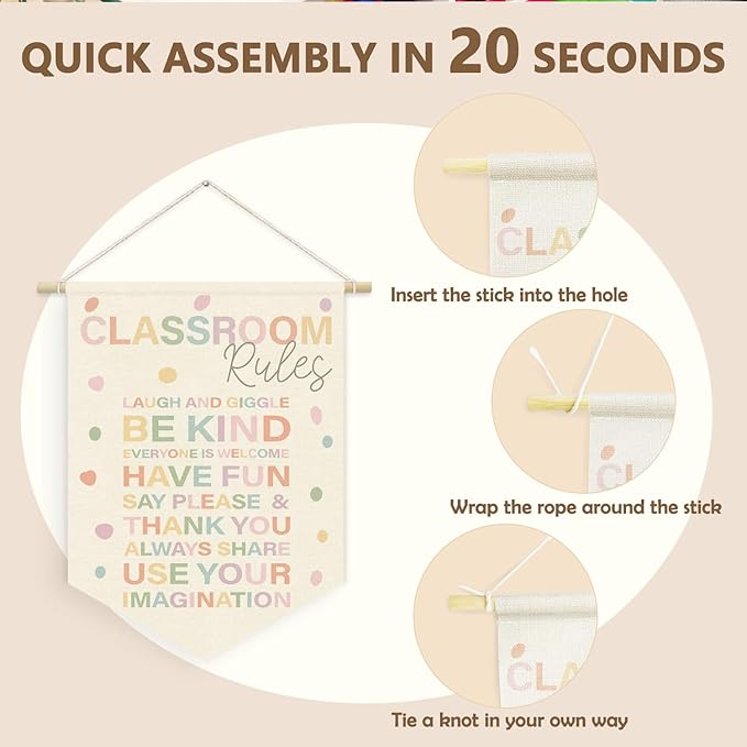Classroom Rules Linen Canvas Banner, Teacher Must Haves for Classroom, Positive Educational Learning Wall Hanging Pennant Flag Banner for Preschool Homeschool Kindergarten Decor, 15x11in