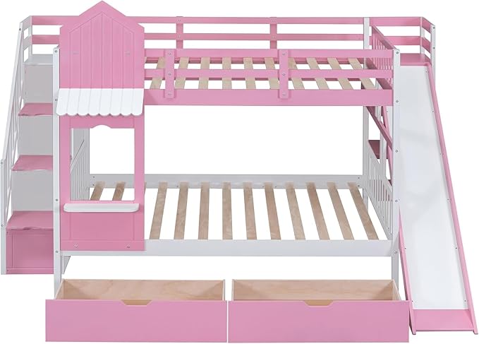 MERITLINE Full Over Full Castle Bunk Bed with Slide,Stairs and Drawers,Solid Wood Floor House Princess Bunk Bed with Storage Shelves (Pink,Full Over Full)