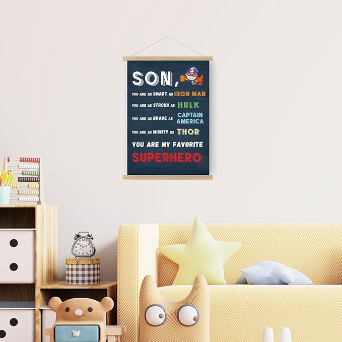 Qswo Son You Are My Favorite Superhero Wall Art Poster Hanger Frame,Inspirational Gifts for Son,Superhero Hanging Canvas Wall Decor for Boys Room Dorm Nursery