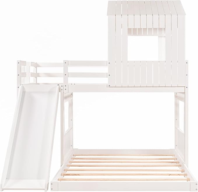MERITLINE House Bed Bunk Beds with Slide Twin Over Full Size Bunk Bed Frame with Slide,Wooden Playhouse - Design Slide Bunk Beds Twin Over Full Bunk for Boys and Girls