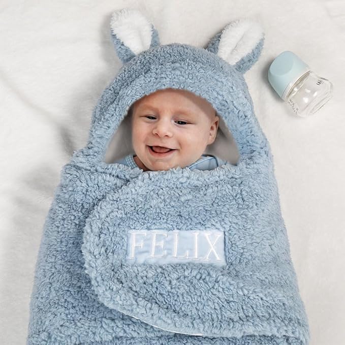 Custom Baby Swaddle Blanket Embroidery Personalized Name Boys Girls Sleep Sack for Infant Cute Bunny Baby Essentials Gift for Newborn
