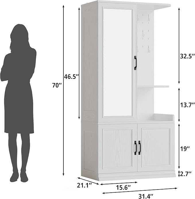 LIKIMIO Armoire Wardrobe Closet, 70" H Wooden Bedroom Armoire with Mirror, 2 Cabinet, Pegboard and a Open Shelf, Large Freestanding Clothing Storage Cabinet with 3 Doors, White