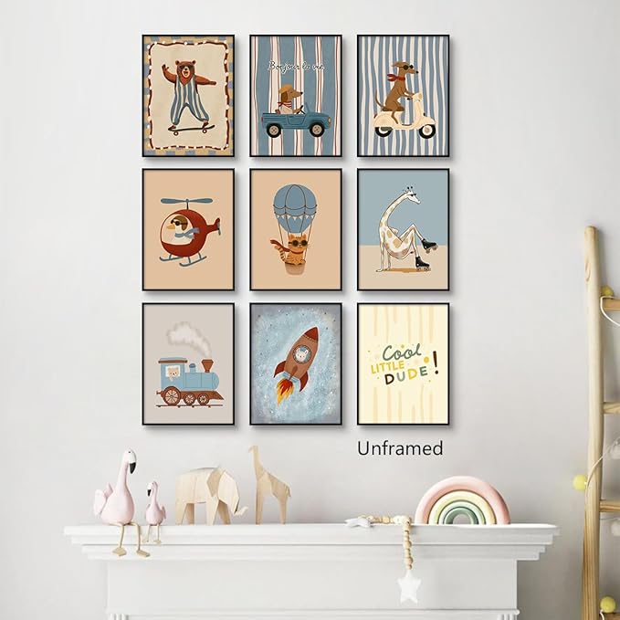 9 Pieces Nursery Animals Canvas Wall Art, Kids Room Cute Bear Dog Cat Giraffe and Bunny Picture, Skateboard Cars Rocket and Hot Air Balloon Poster for Boys Bedroom Playroom 12x16in Unframed