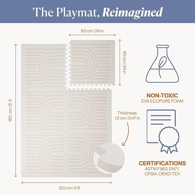 Toddlekind Playmat - Premium Foam Playmat, 4 x 6 feet, 6 Tile Extra Thick Foam Floor Puzzle Mat for Babies/Toddlers Stylish, Non-Toxic, Odorless. Perfect for Tummy Time & Play. 0m+