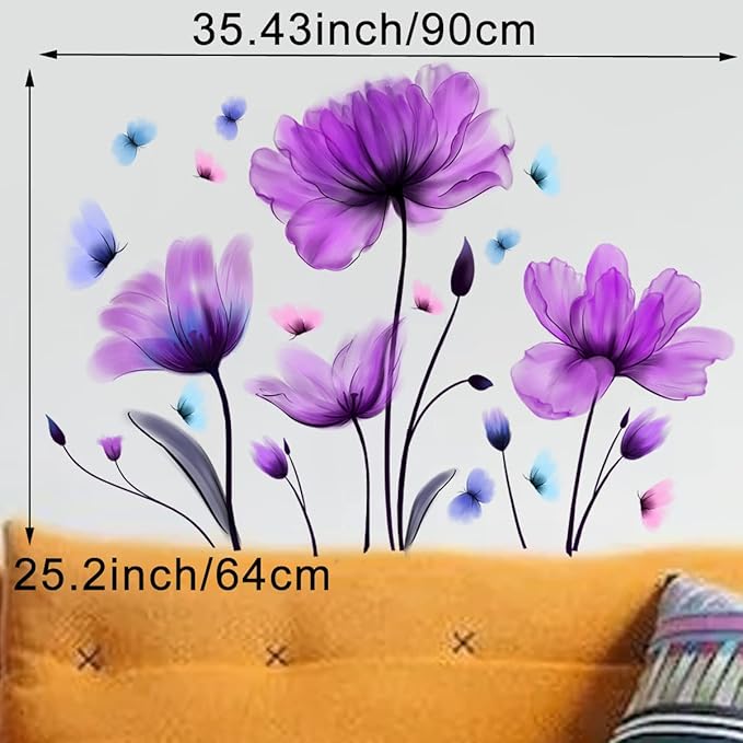 Tulip Wall Decals Flower and Colorful Butterfly Wall Sticker Purple Floral Art Wall Clings 25.2x35.43inch Removable DIY Vinyl Stickers for Living Room Bedroom TV Sofa Background Decoration